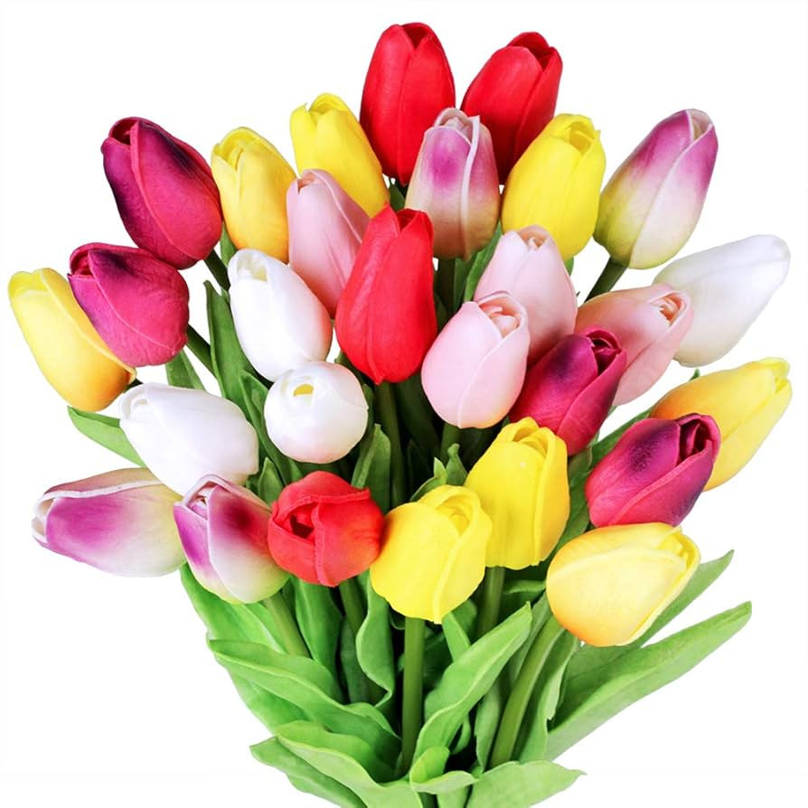 28 Pcs Multicolor Tulips Artificial Flowers Faux Tulip Stems Real Feel PU Tulips for Easter Sprin... | Amazon (US)