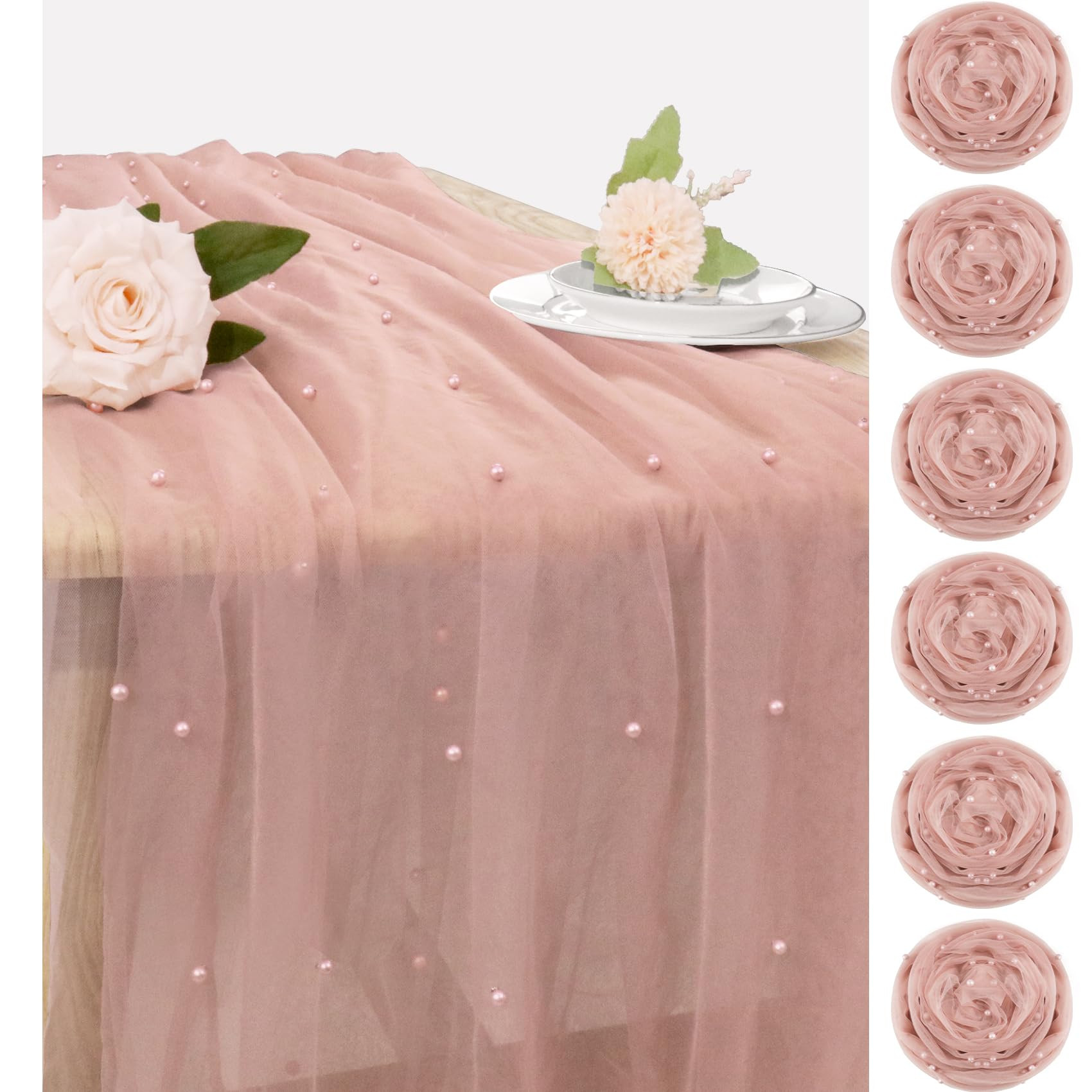 Set of 6 Pearl Valentine's Day Table Runner 29 x 120 Inch Dusty Pink Boho Rustic Tulle Fabric Lac... | Amazon (US)