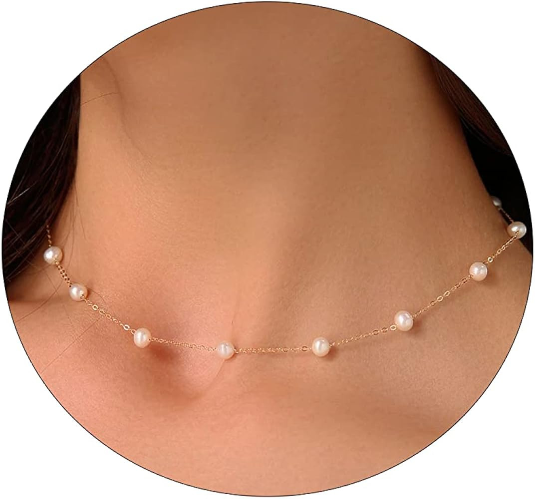 foyjoey Dainty Pearl Choker Necklace Adjustable Handmade Gold Pearl Beaded Chain Necklace for Wom... | Amazon (US)