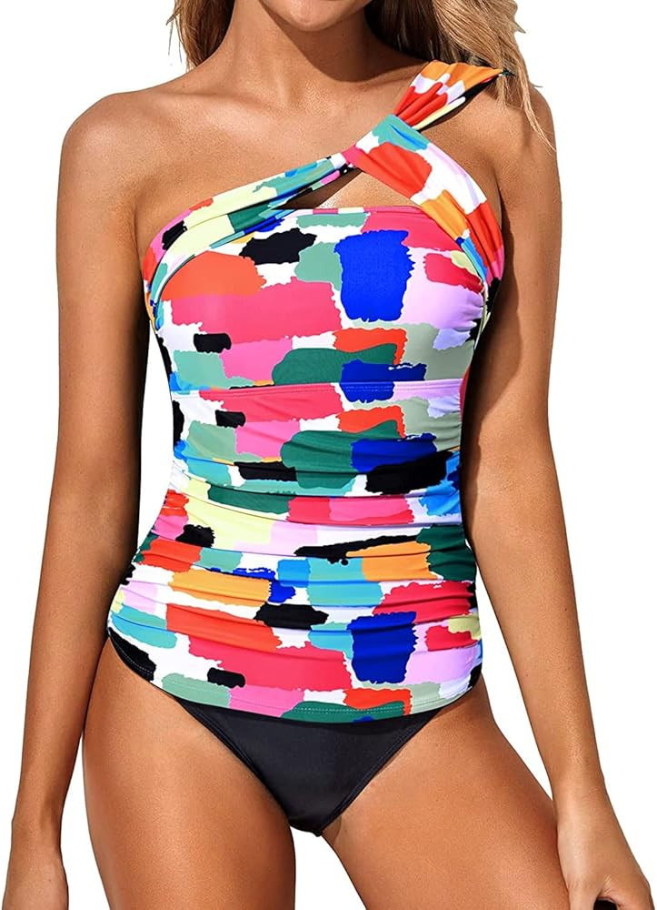 Tempt Me Two Piece Tankini Bathing Suits for Women One Shoulder Swim Top with Bottom Swimsuits | Amazon (US)