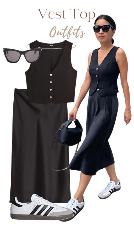 Vest top, black satin skirt, Adidas sambas, black bag, summer outfits, spring outfit 

#LTKstyletip #LTKtravel #LTKfindsunder50