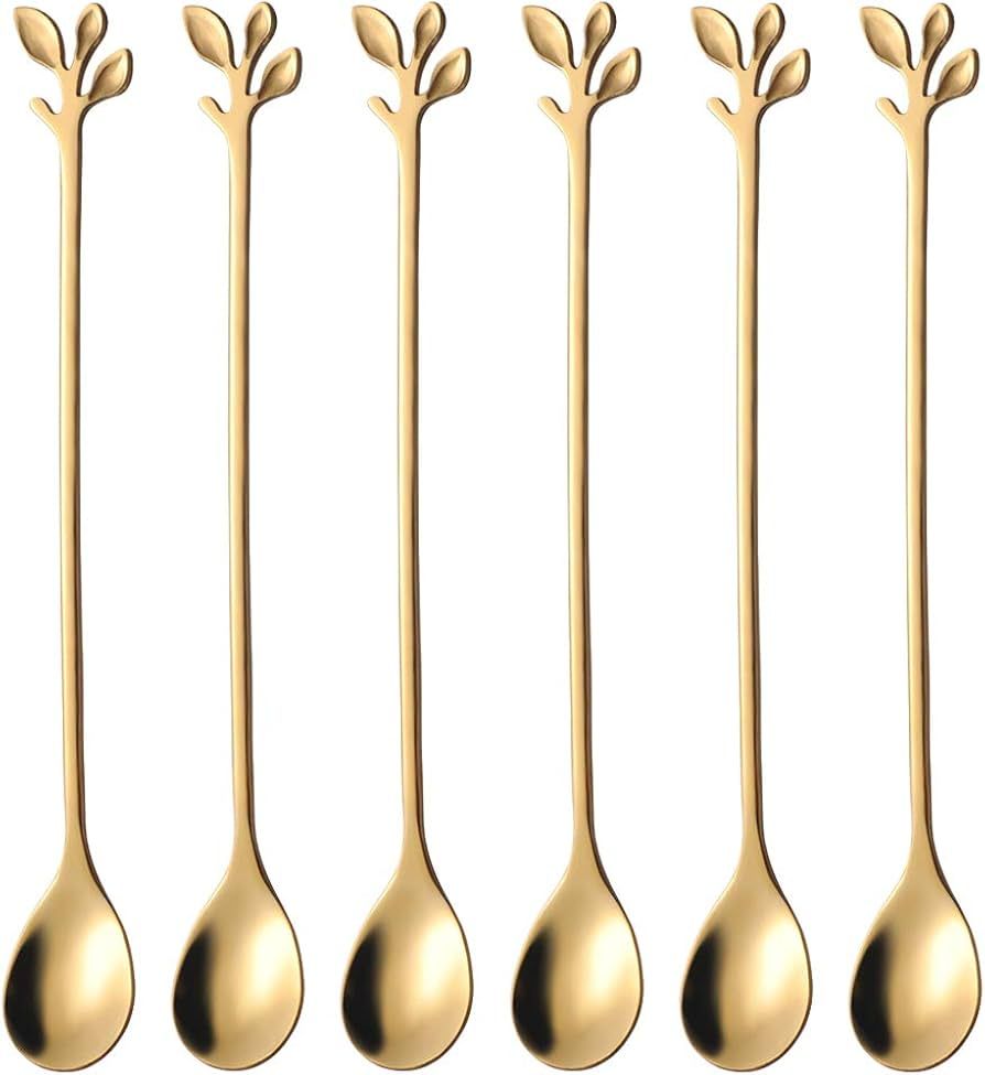 AnSaw Leaf Handle Teaspoons,7.4" Gold Long Coffee Stirrers,Stainless Steel Coffee Stir Spoon, Set... | Amazon (US)