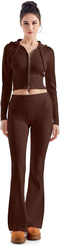 SUUKSESS Women 2 Piece Knit Sets Cropped Zip Up Hoodie Foldover Flare Leg Pants | Amazon (US)