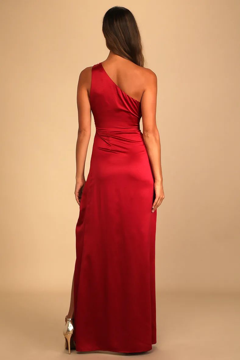 Dreaming of Elegance Wine Red Satin One-Shoulder Maxi Dress | Lulus