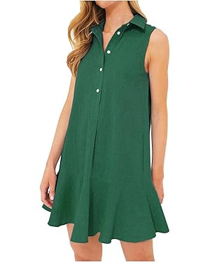 Women‘s Sleeveless Shirt Dress Ruffle Hem Cotton Tunic Tank Dress Button Up Swing Shift Mini Dr... | Amazon (US)