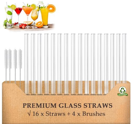 Glass Straws Drinking Reusable 20 Pack Size 6''x10MM, Glass Straws Shatter Resistant Including 16 Straight with 4 Brushes, Reusable Glass Straw for Cocktail,Juice | Amazon (US)