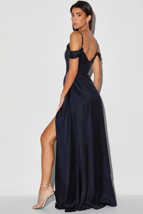 Meant For Forever Navy Blue Satin Off-the-Shoulder Maxi Dress | Lulus (US)