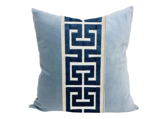 Light Blue Velvet Pillow Cover with Large Greek Key Trim | Etsy | Etsy (US)