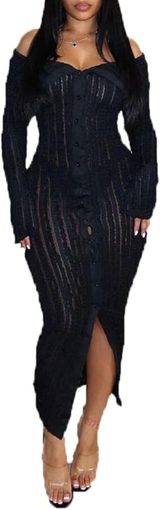 Aro Lora Womens Sexy Off Shoulder See Through Pleated Button Down Slit Bodycon Maxi Dress | Amazon (US)