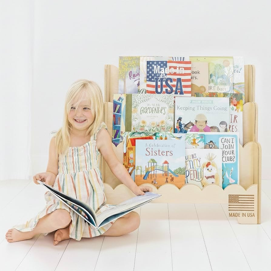 Wooden Kids Bookshelf w/Scalloped Edges- Made in USA- Perfect Height 3-Tier Montessori Shelf- Dur... | Amazon (US)