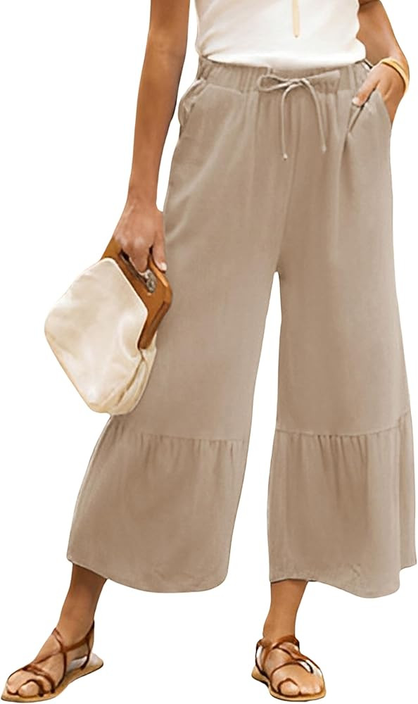 Himosyber Womens Cotton Wide Leg Cropped Pants Casual Drawstring Elastic Waisted Ruffle Hem Palaz... | Amazon (US)