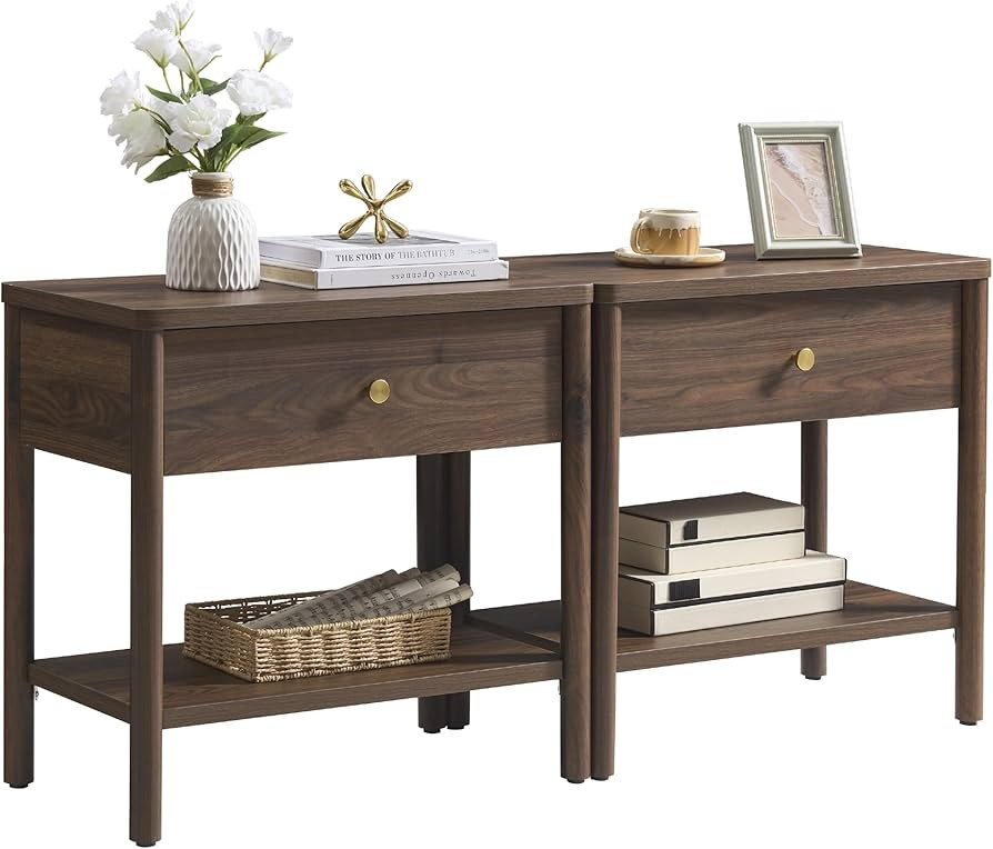 VividVibe End Table with Drawer, Brown Walnut Nightstands Set 2 Bedside Table Large Side Table Be... | Amazon (US)