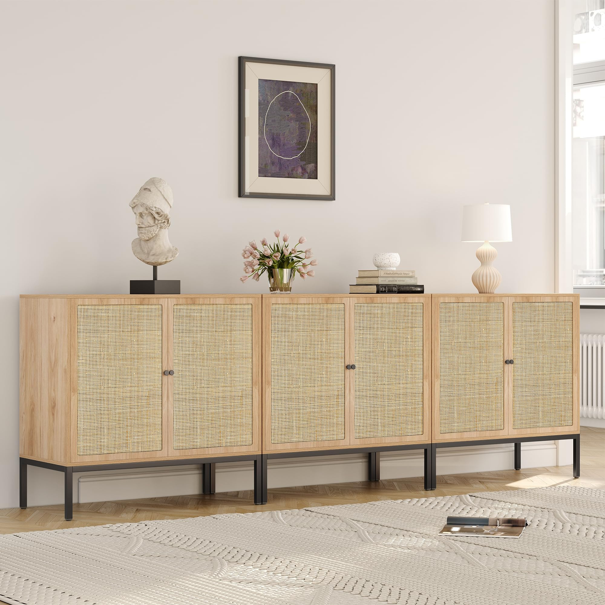 Yechen Set of 3 Sideboard Cabinet with Natural Rattan Decorated Square Doors, Rattan Cabinet, Accent Buffet Console Storage Credenza Cupboard, for Living Room Entryway Kitchen, Natural, Metal Legs | Amazon (US)