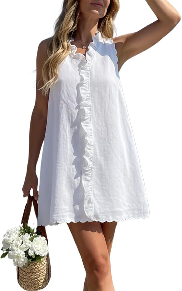 Women's Summer Sleeveless V Neck Ruffle Mini Dress Cotton Linen Casual Loose Fit Beach Sun Dress ... | Amazon (US)