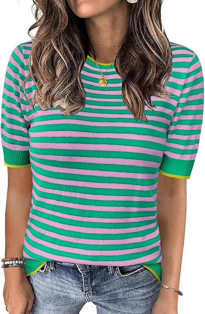 Womens Tops Summer Short Sleeve Shirts Striped Sweater Cute Casual Top Trendy Women Clothing Crew... | Amazon (US)
