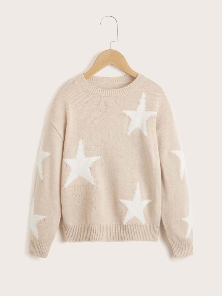 SHEIN Girls Star Pattern Drop Shoulder Sweater | SHEIN