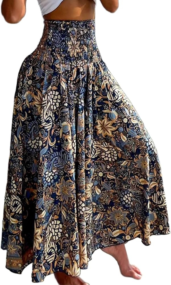 CHICME Boho Floral Shirred High Waisted Wide Leg Pants Flowy Trousers Summer Beach Vacation Wear | Amazon (US)