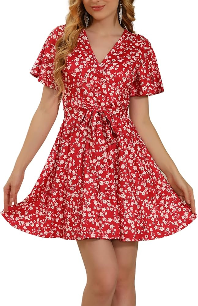 Aphratti Women's Fit and Flare Summer Dresses V Neck Short Sleeve High Waist Casual Floral Faux W... | Amazon (US)