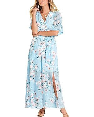 ANRABESS Women’s Summer Loose Kimono Maxi Dress Wrap V Neck 3/4 Sleeve Floral Print Slit Long D... | Amazon (US)