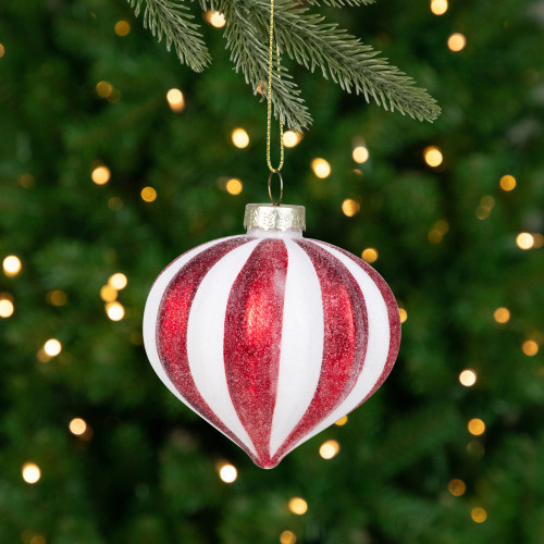 Glittered Candy Cane Onion Glass Christmas Ornaments - 3.25" - Red and White - 4ct | Christmas Central