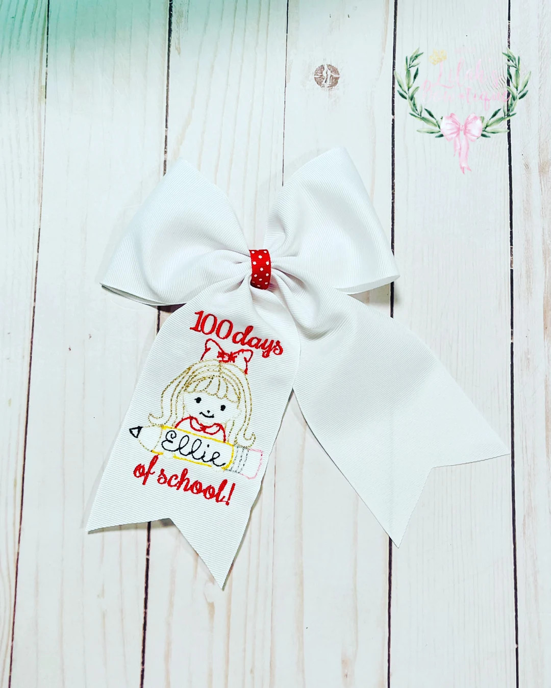 Custom embroidered school girl 100 days of school moonstitch ribbon personalized hair bow | Etsy (US)