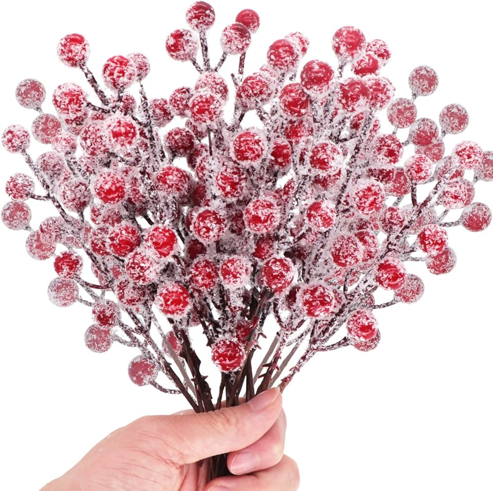 24 Pieces Artificial Holly Berry Stems 9" Christmas Berry Picks Sprays Snowy Fake Red Berries for... | Amazon (US)