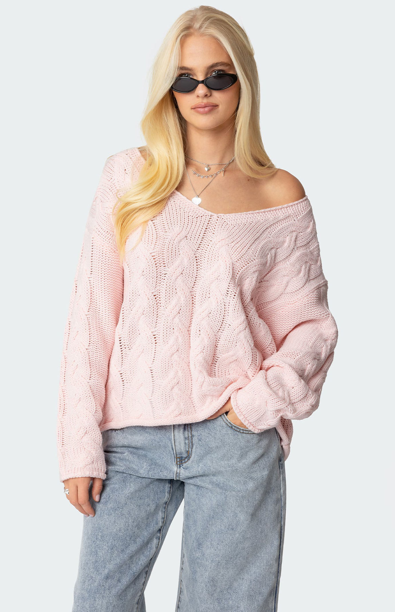 Edikted Women's Inga Oversized Cable Knit Sweater in Light Pink - Size XL | PacSun