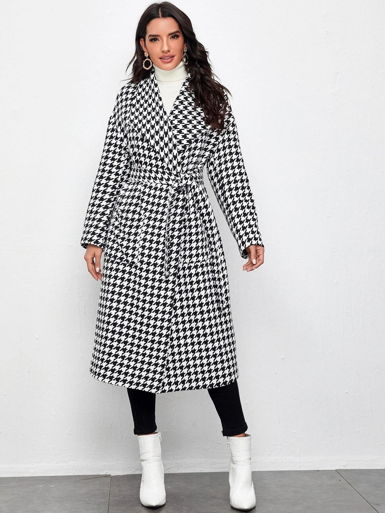 SHEIN Waterfall Collar Pocket Patched Self Belted Houndstooth Coat | SHEIN