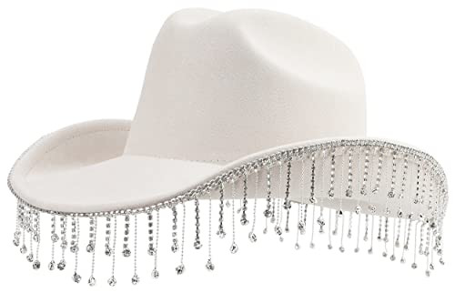 Melesh Adult Women Men Cowgirl Felt Wide Brim Costume Western Cowboy Hat (Diamond-Ivory) | Amazon (US)