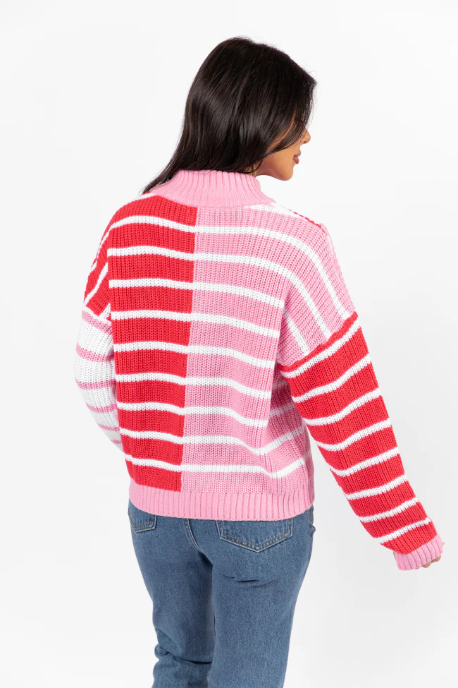 Worth Melting For Striped Color Block Quarter Zip Pullover Sweater | Pink Lily