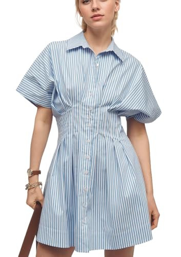 calbatic Women Button Down Pleated Shirt Dress Striped Short Sleeve Summer Casual Business Flowy Mini Short Dress Blue Stripes | Amazon (US)