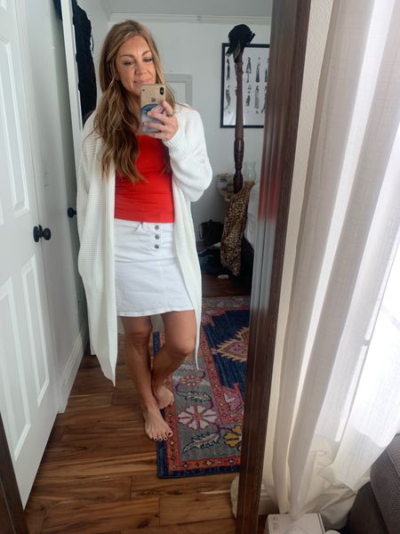Red 
White skirt
Long cardigan 

#LTKstyletip #LTKunder50 #LTKunder100