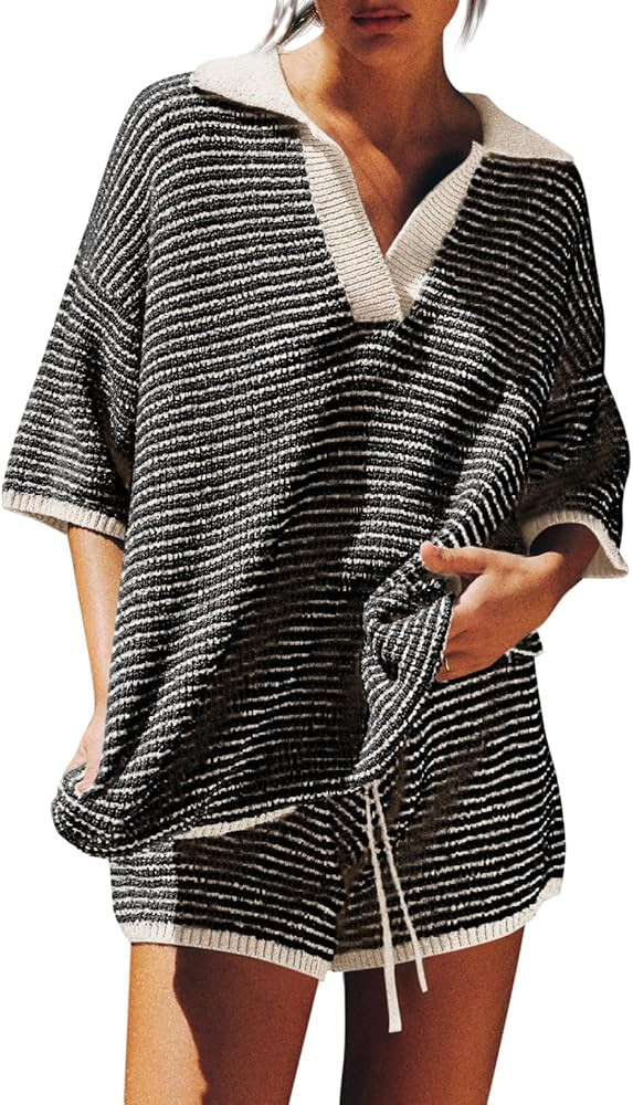 Tankaneo Womens Sweater Set 2 Piece Outfits Oversized 3/4 Sleeve V Neck Knit Tops High Waisted Sh... | Amazon (US)