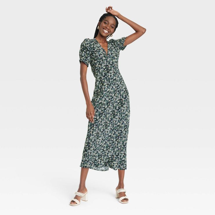 Women&#39;s Puff Short Sleeve Dress - A New Day&#8482; Green Floral S | Target