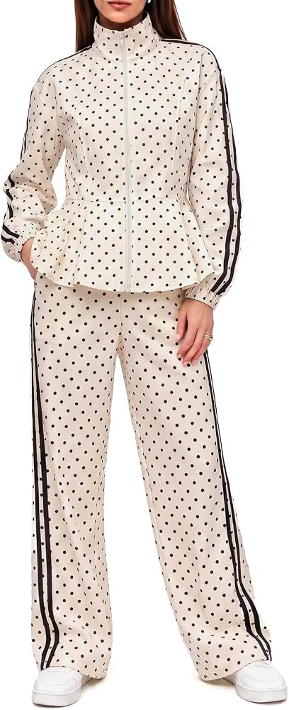 Fisoew Women 2 Piece Outfits Polka Dot Ruffle Zip Up Jacket Matching Sets | Amazon (US)