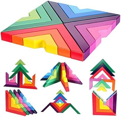 Lewo Wooden Rainbow Stacking Game Stacker Geometry Building Blocks Creative Nesting Educational T... | Amazon (US)