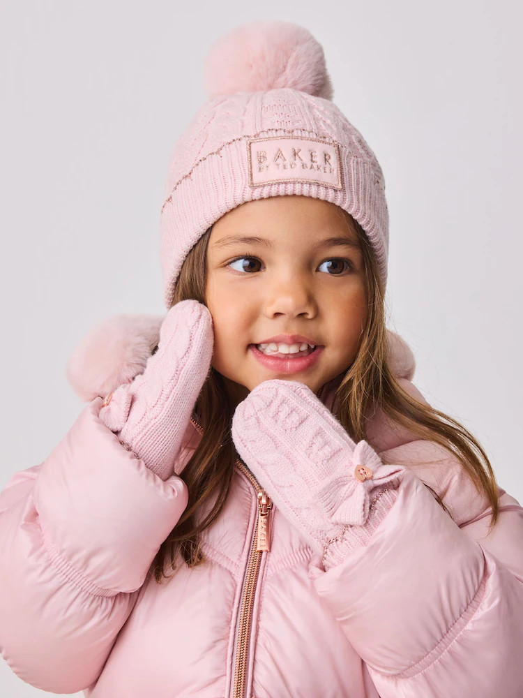 Baker by Ted Baker Girls Pink Cable Knit Beanie and Mittens Set | Next US
