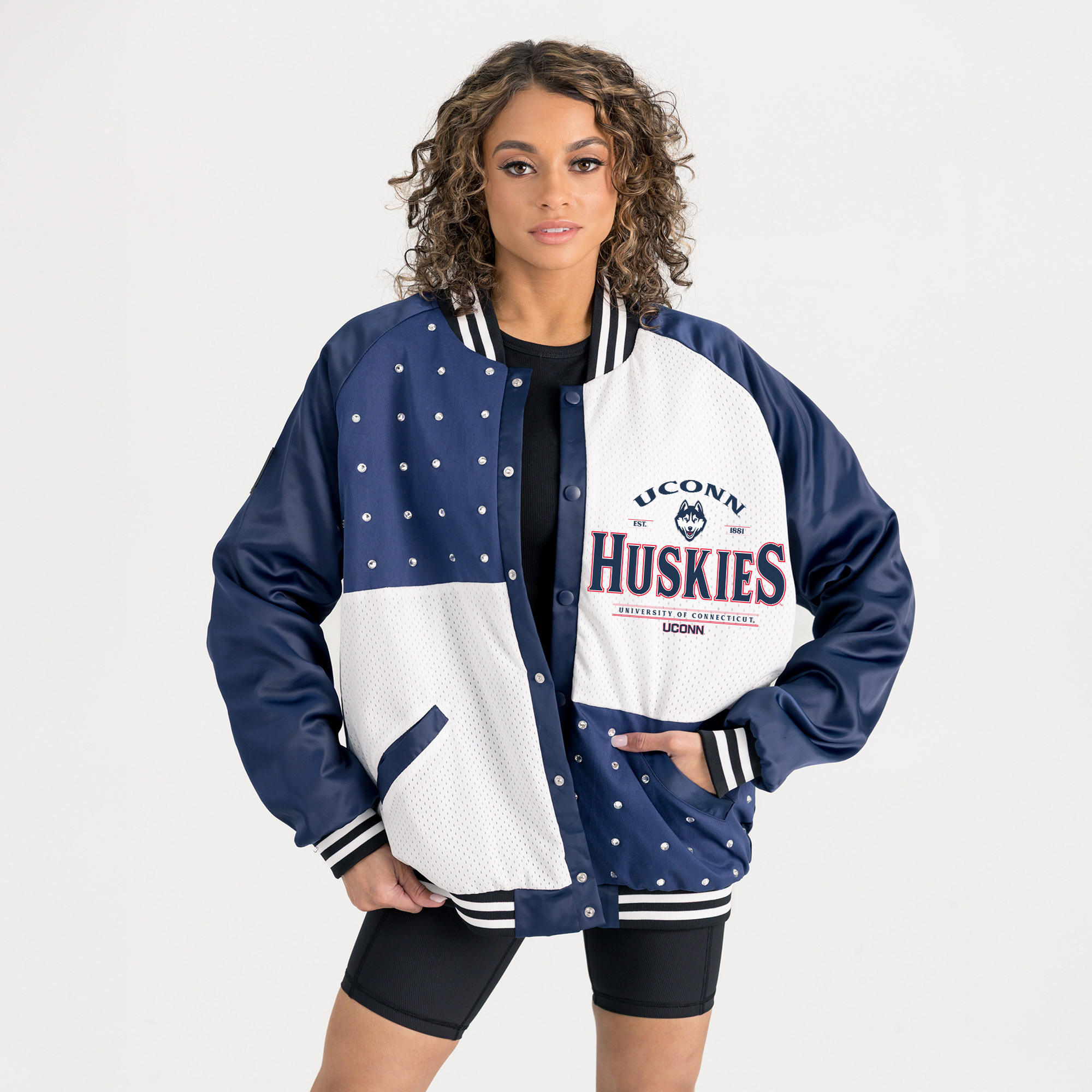 Women's Gameday Couture Navy UConn Huskies Oversized Inner Drive Varsity Rhinestone Full-Snap Bomber Jacket | Fanatics