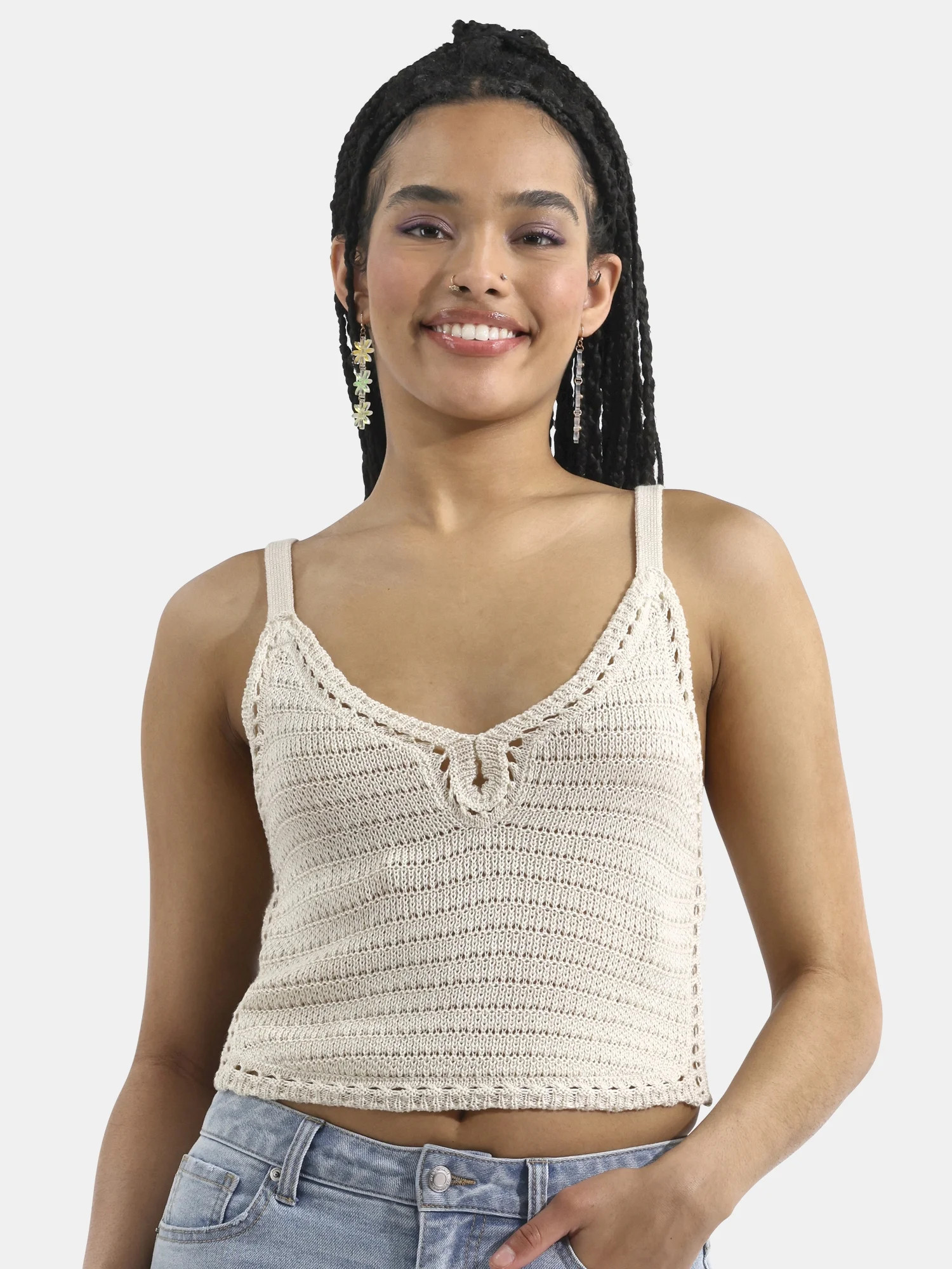 No Boundaries Crochet Sweater Cami with Keyhole, Women's | Walmart (US)