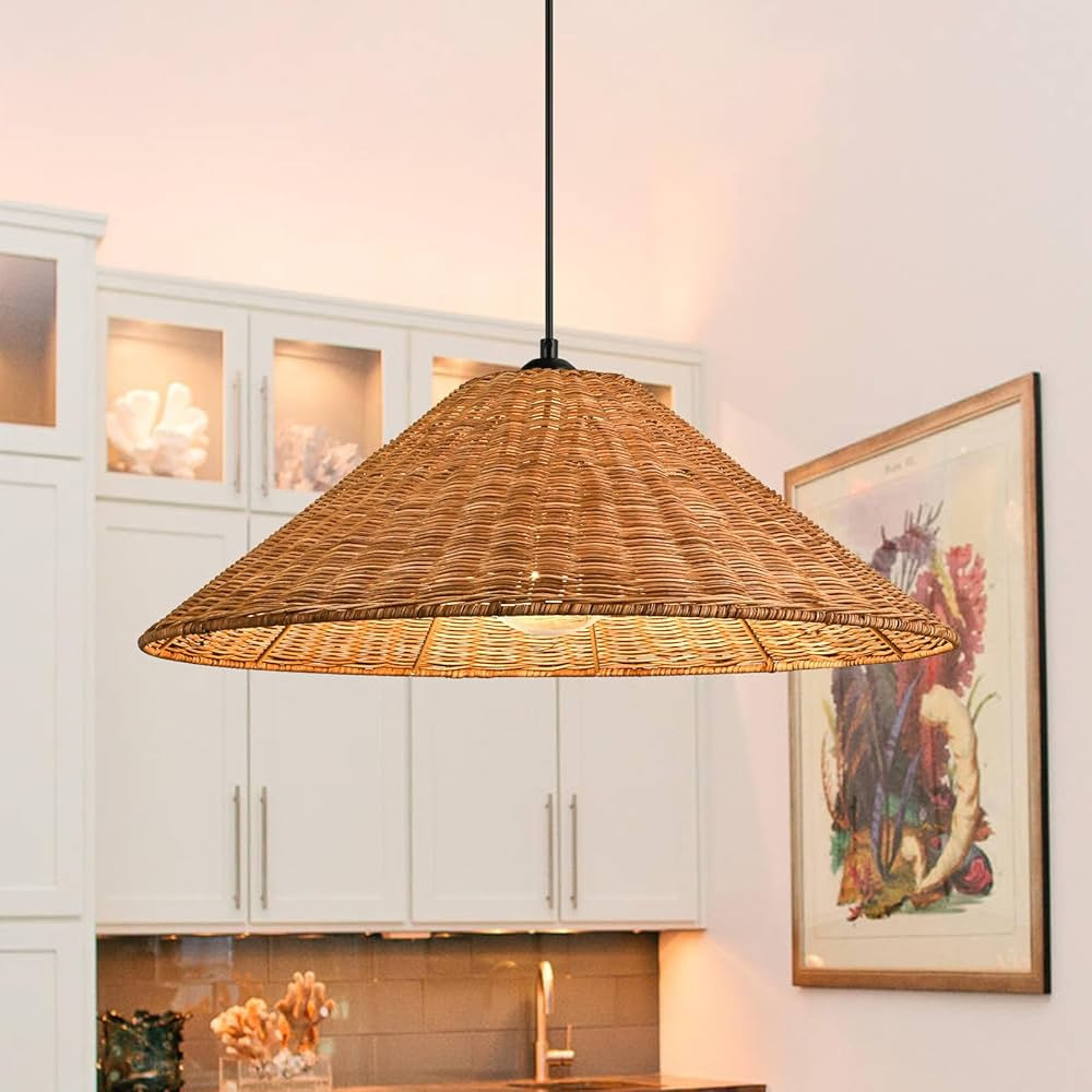 23.6'' Large Weaving Rattan Chandelier, Coastal Chandelier Hand Woven Rattan Dome Pendant Lightin... | Amazon (US)