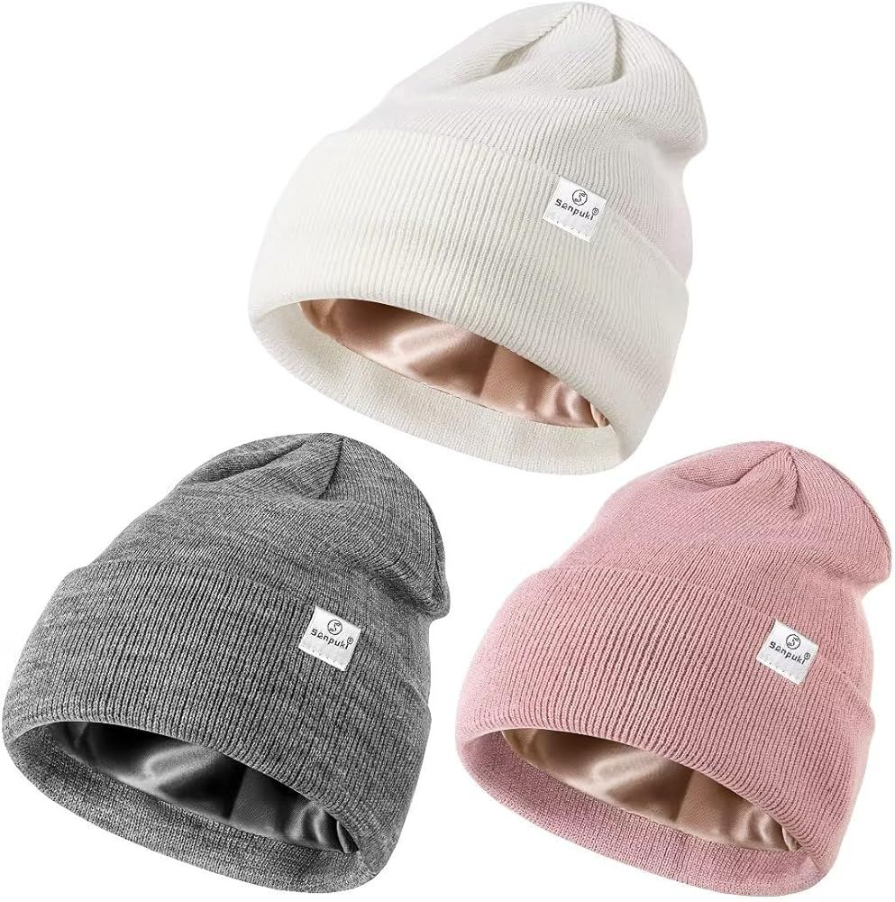 3 Pack Satin Lined Winter Beanie Hats for Women Men,Silk Lined Beanie Knit Soft Warm Cuffed Hat | Amazon (US)