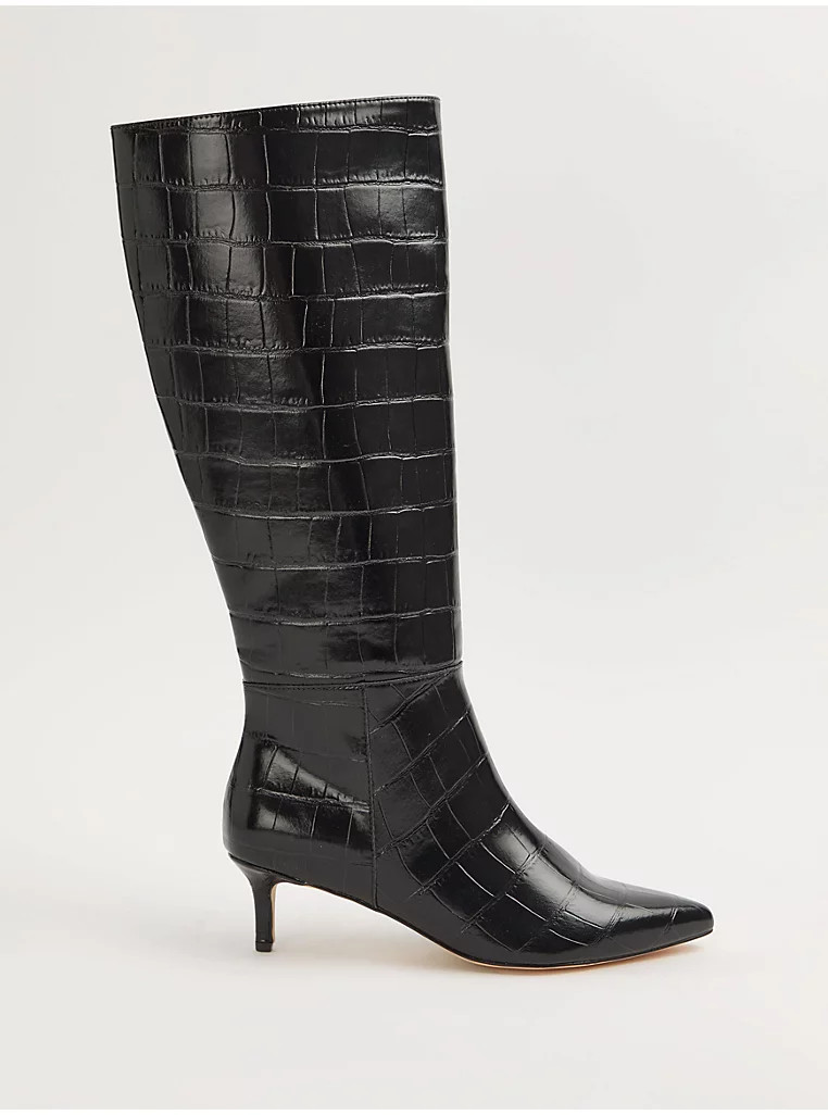 Black Croc Print Knee High Kitten Heeled Boots | George
