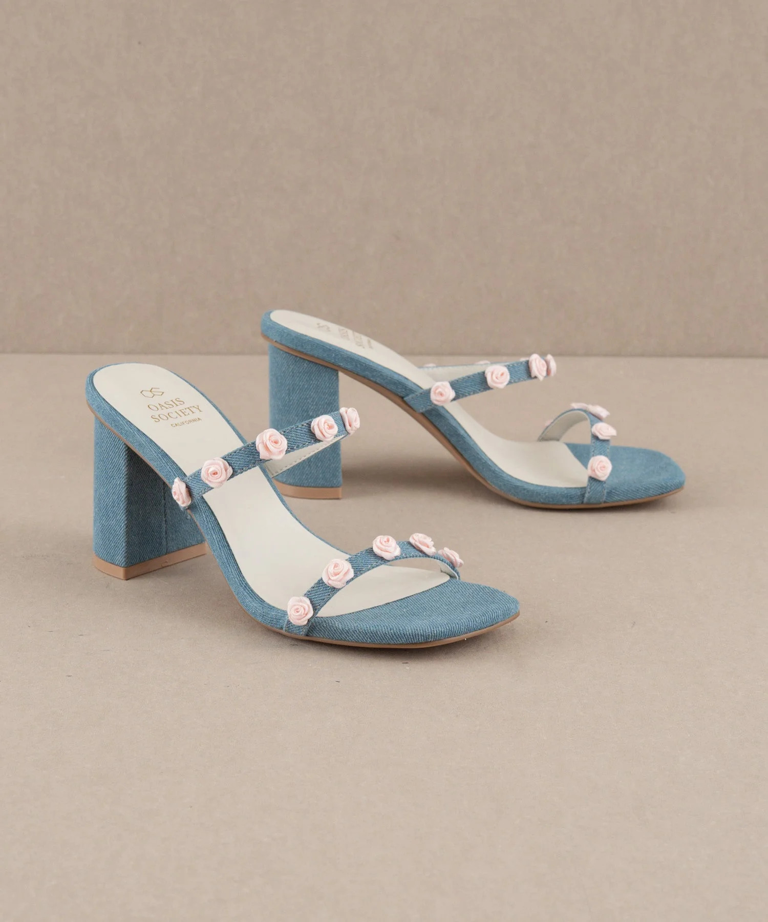 The Nia | Denim Rosette Adorned Heel | Oasis Society