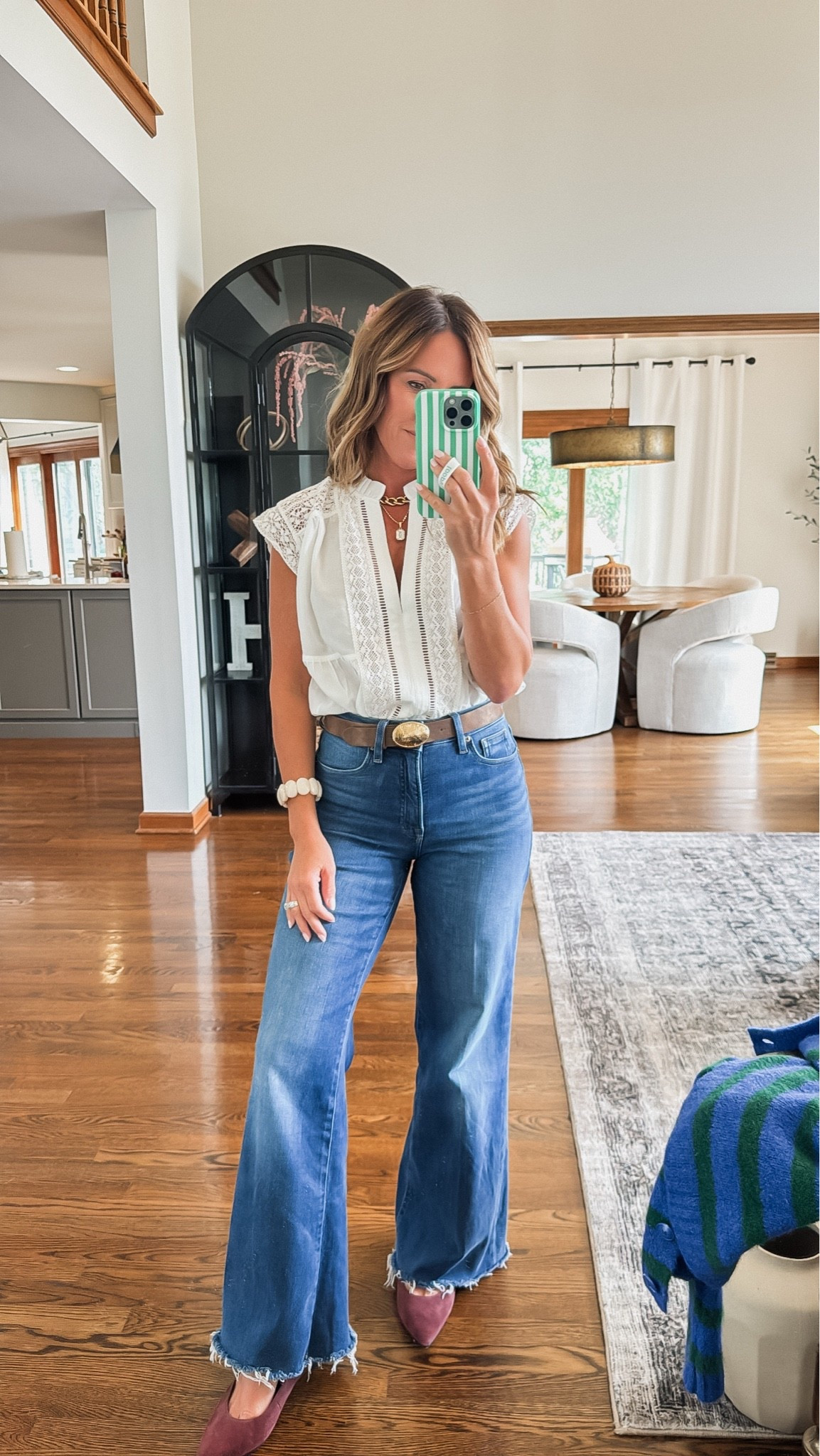 Lace detailing on this semi sheer blouse. 
XS here. 
XS belt. 
Linking a long sleeve blouse I have as well and love.

#LTKgrwm #LTKOver40 #LTKSeasonal