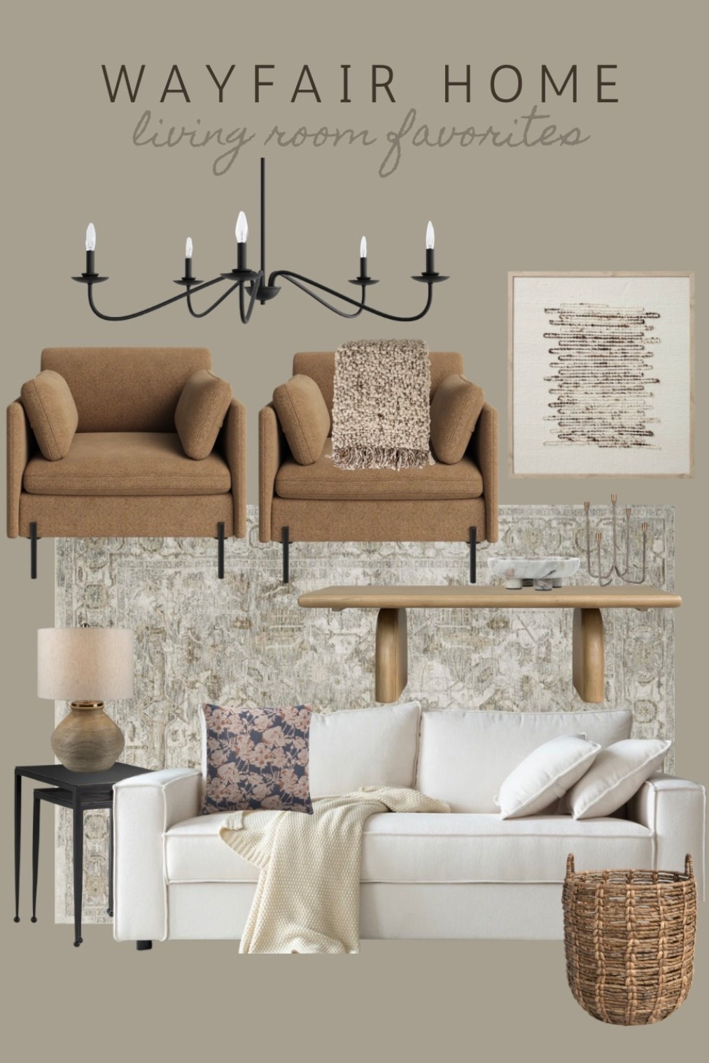 Wayfair Living room 🤎 I love a light colored sofa, paired with beautiful brown accent chairs. I’m loving this rug and black nesting tables. The art would be beautiful on a wall or console table. I have this coffee table and I love the color and size!

#LTKHome