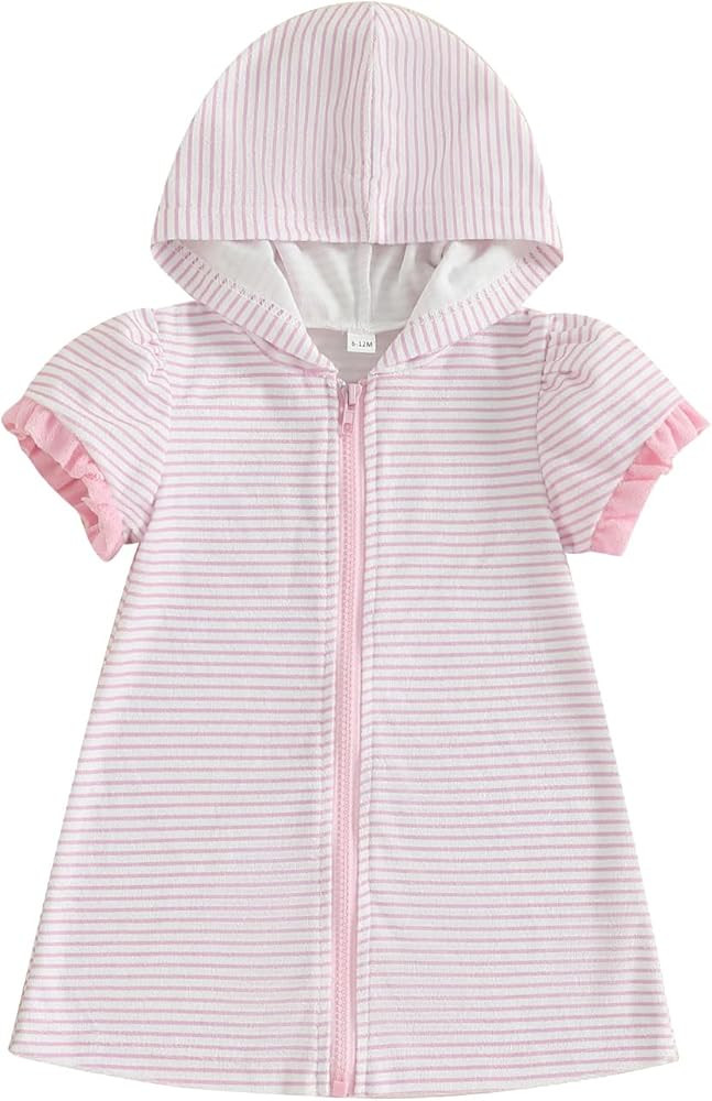 Girls Striped Swim Cover Up Beachwear Short Sleeve Zip Up Hooded Terry Swim Coverups One Piece Sw... | Amazon (US)