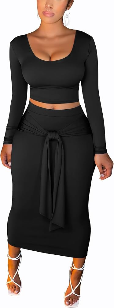 FANDEE Skirt Sets Women 2 Piece Outfits Plus Size Midi Dresses For Curvy Women, Long Sleeves Top ... | Amazon (US)