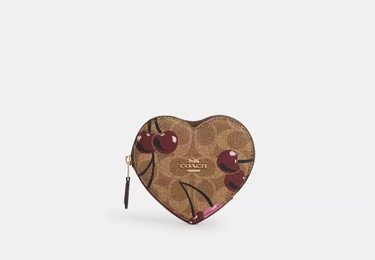 Heart Coin Case In Signature Canvas With Cherry Print | Coach Outlet US
