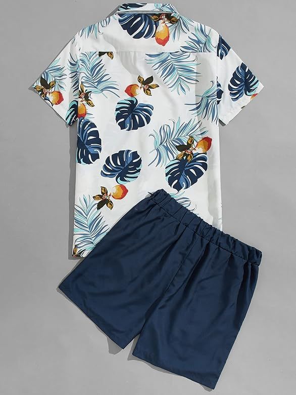 Floerns Men's 2 Piece Outfit Tropical Print Short Sleeve Shirt with Shorts Set | Amazon (US)