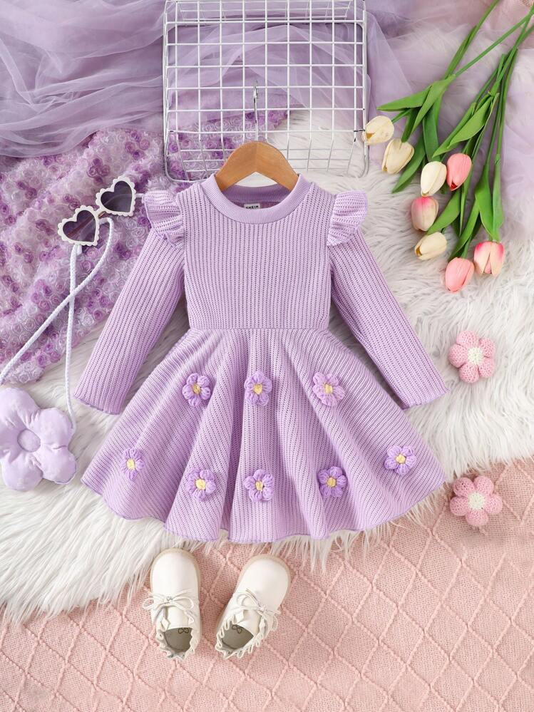 Baby Girl Floral Applique Round Neck Ruffle Hem Long Sleeve Dress | SHEIN